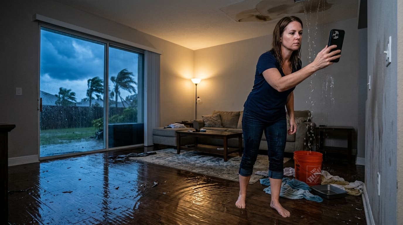 Central Florida homeowner documenting water damage for insurance claim during storm