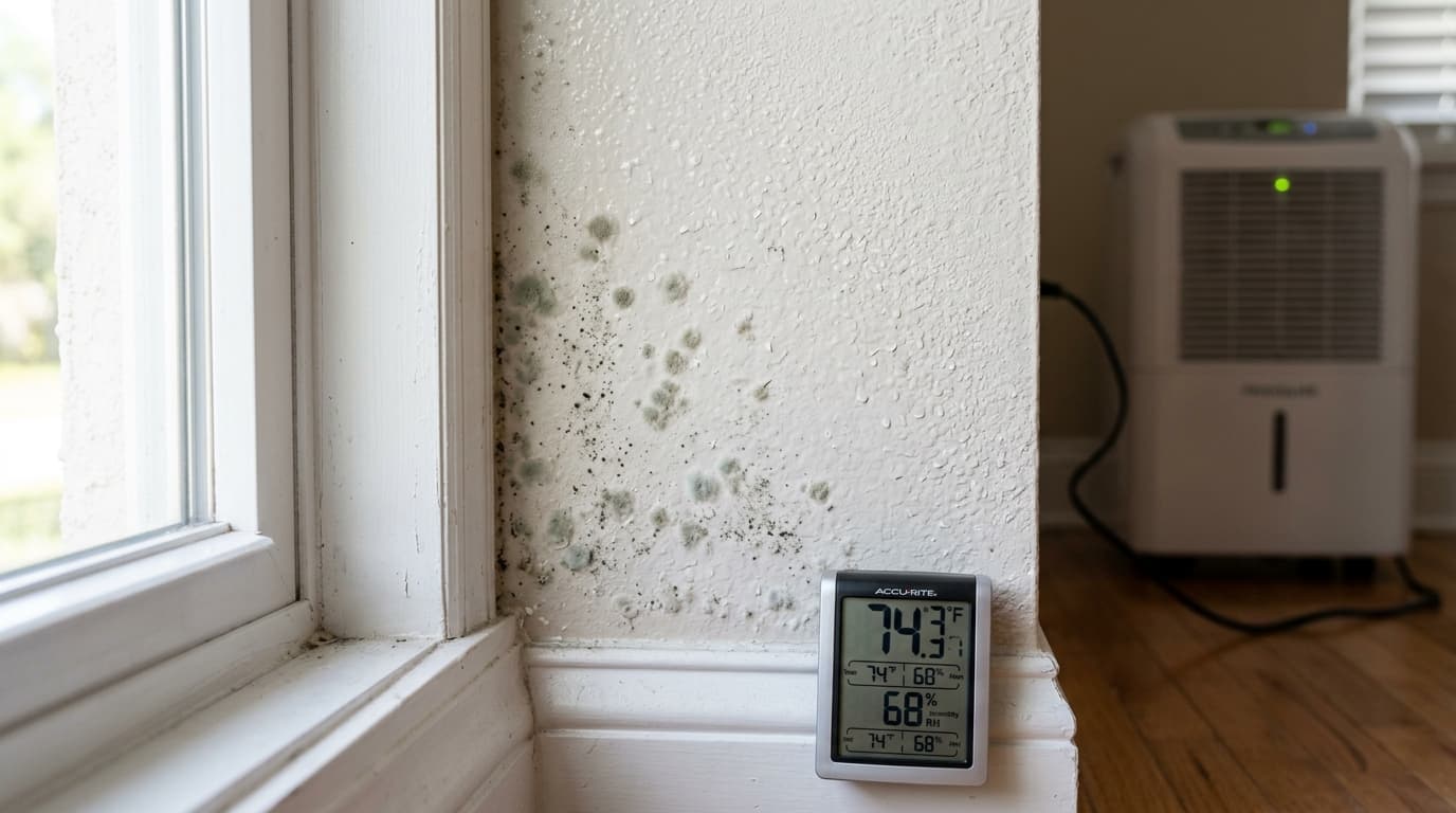 Early-stage mold growth on Florida drywall near window with 68% humidity gauge and dehumidifier